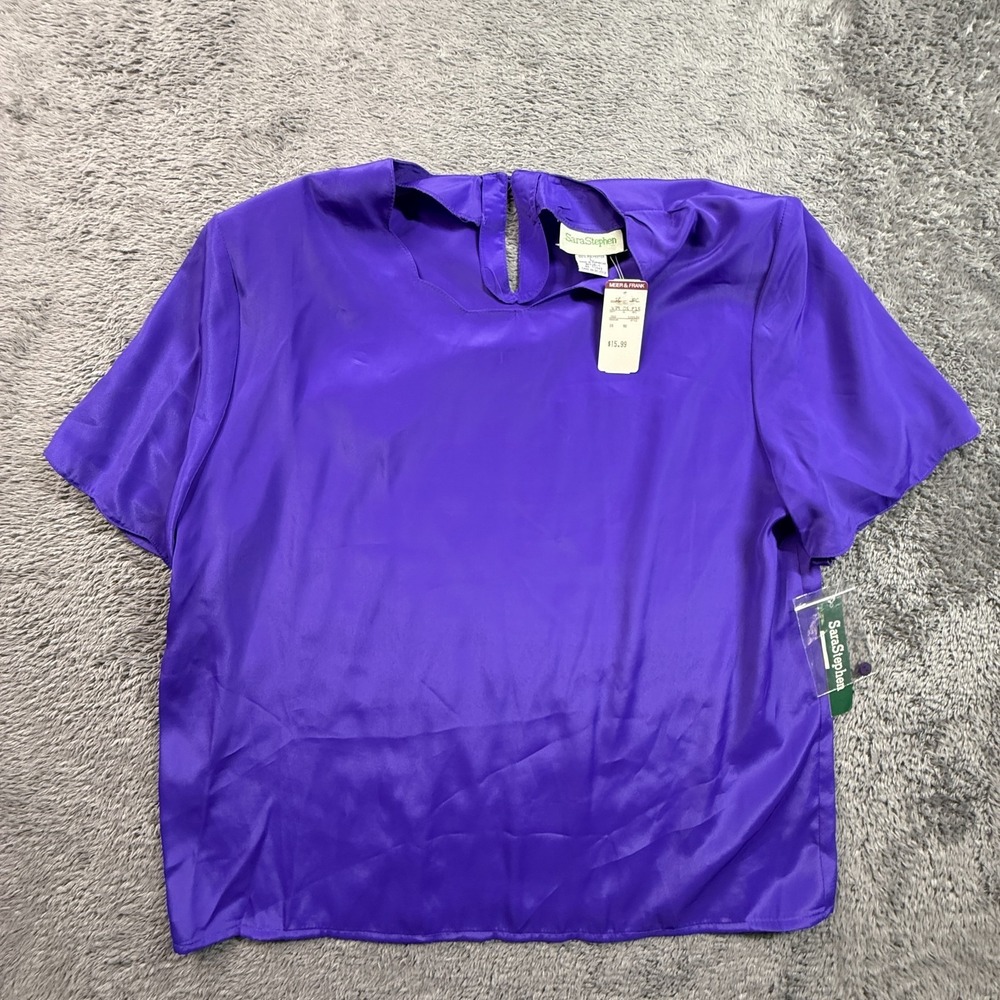 Vintage 90s Sara Stephen Satin Blouse Purple NWT Meier Frank Womens L Scallop